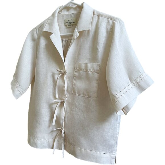 Trovata Birds of Paradis Linen Bow Tie Front Shirt Ivory XS Luxury Resort Blouse - Picture 4 of 11